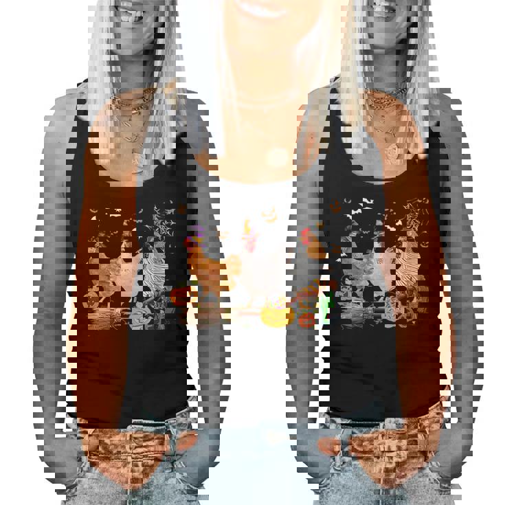 Three Chickens Halloween Mummy Witch Scary Pumpkins Farmer Women Tank Top