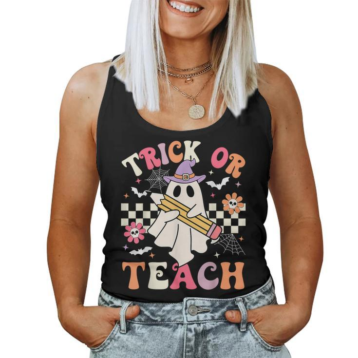 Trick Or Teach Groovy Teacher Halloween Retro Floral Ghost Women Tank Top
