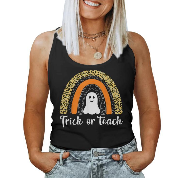 Trick Or Teach Leopard Rainbow Ghost Halloween Teacher Women Tank Top