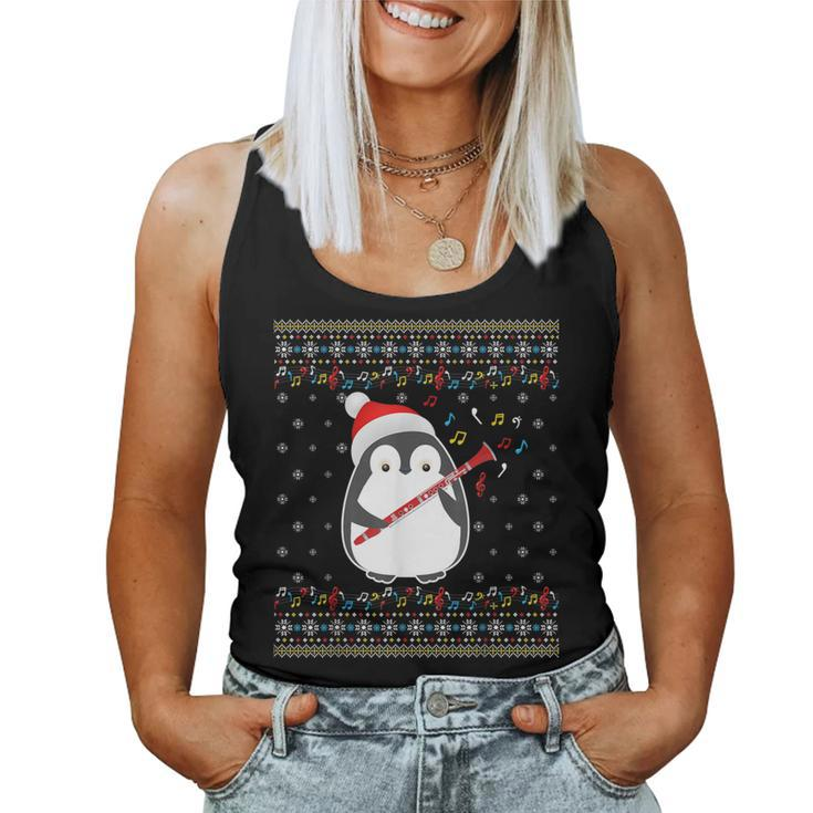 Ugly Christmas Ugly Xmas Sweater Penguin Clarinet Player Women Tank Top