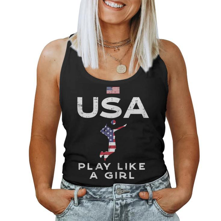 Usa Flag Play Like Girl Volleyball Vintage Patritotic Women Women Tank Top
