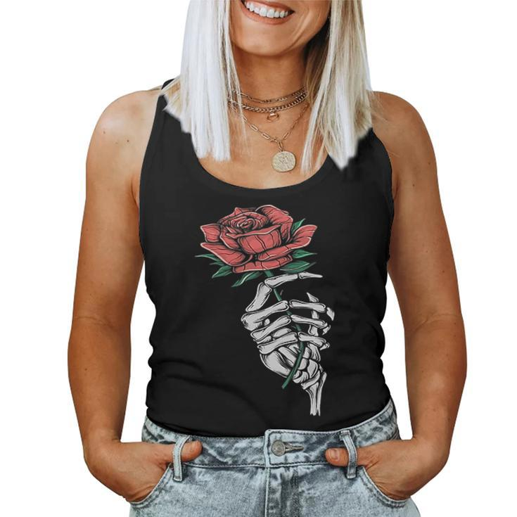 Vintage Halloween Skeleton Hand With A Rose Flower Halloween Women Tank Top
