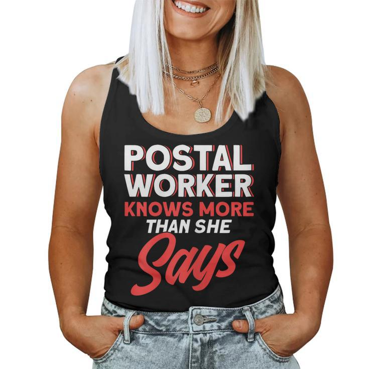 Womens Postal Worker Knows More Than She Says Mailman Postman  Women Tank Top Basic Casual Daily Weekend Graphic