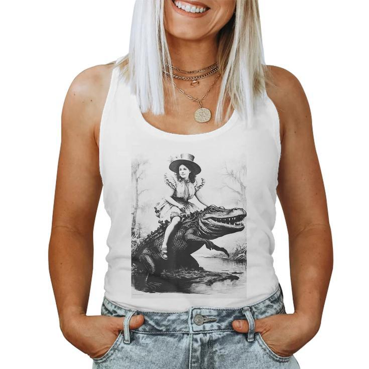 Girl Riding Alligator | Weird Funny Florida Crocodile Meme  Women Tank Top Weekend Graphic