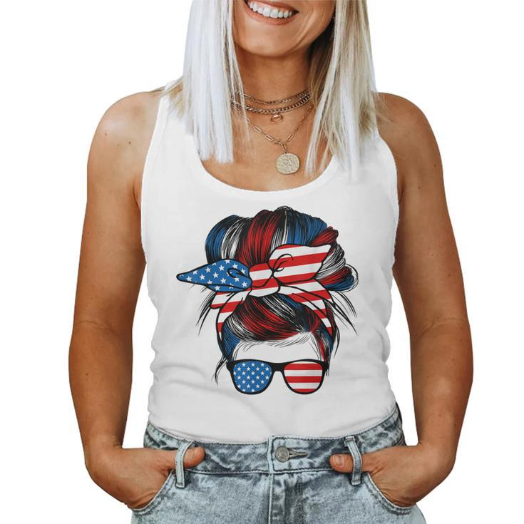 Messy Bun American Flag Glasses 4Th Of July Patriotic Mom Women Tank Top