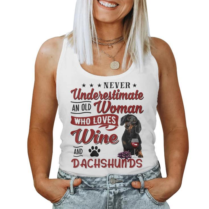Never Underestimate An Old Woman Who Loves Wine & Dachshund Women Tank Top Basic Casual Daily Weekend Graphic