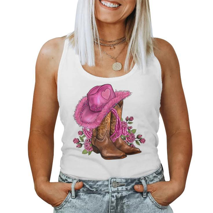 Pink Cowgirl Hat Cowgirl Boots Western Cowhide Rose Flowers Women Tank Top
