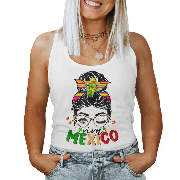 Retro Viva Mexico Messy Bun Mexican Flag Pride Girls Women Tank Top