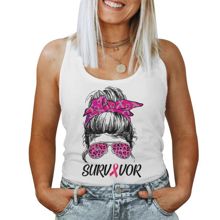 Survivor Breast Cancer Awareness Messy Bun Pink Ribbon Women Tank Top