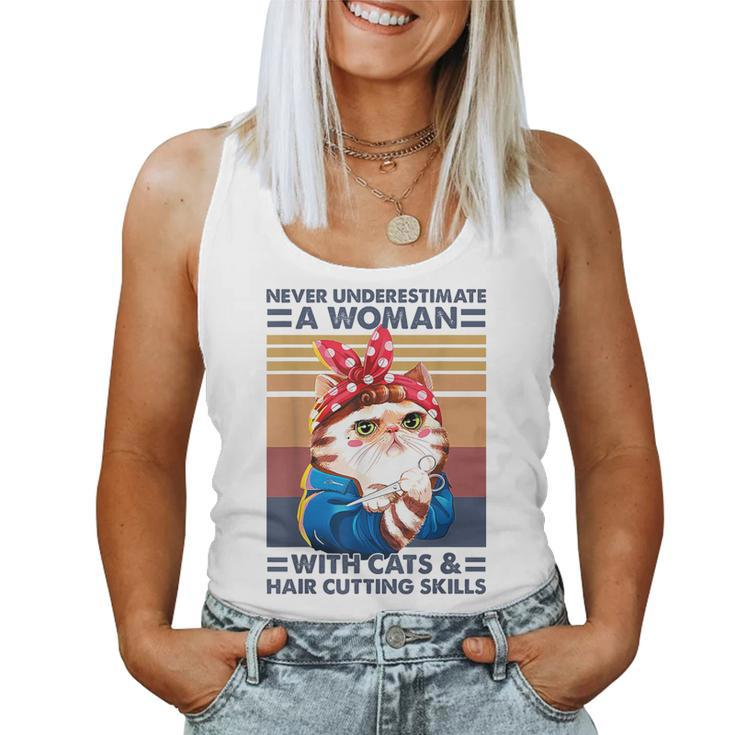 Never Underestimate A Woman With Cats And Hair Cutting Women Tank Top