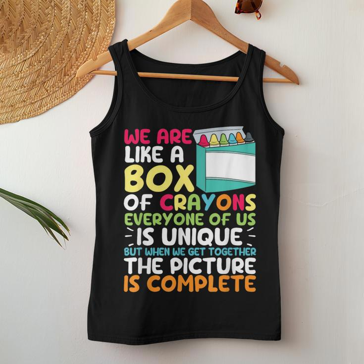 Back To School Teacher We Are Like A Box Of Crayons Student Women Tank Top Weekend Graphic Funny Gifts