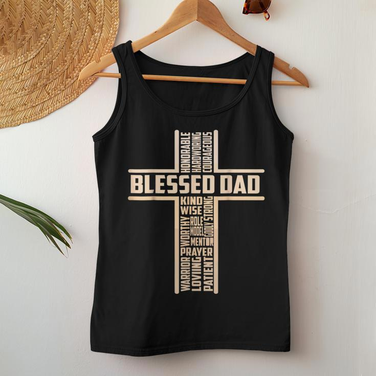 Blessed Dad Fathers Day Cross Christian Papa Pop Husband Women Tank Top Basic Casual Daily Weekend Graphic Funny Gifts