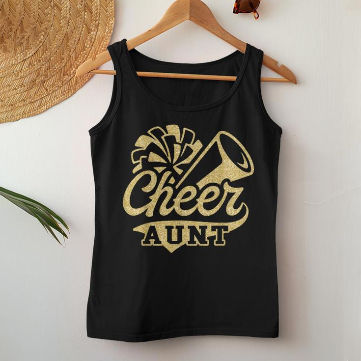 Cheer Aunt Biggest Fan Cheerleader Black Yellow Gold Pom Pom Women Tank Top Unique Gifts