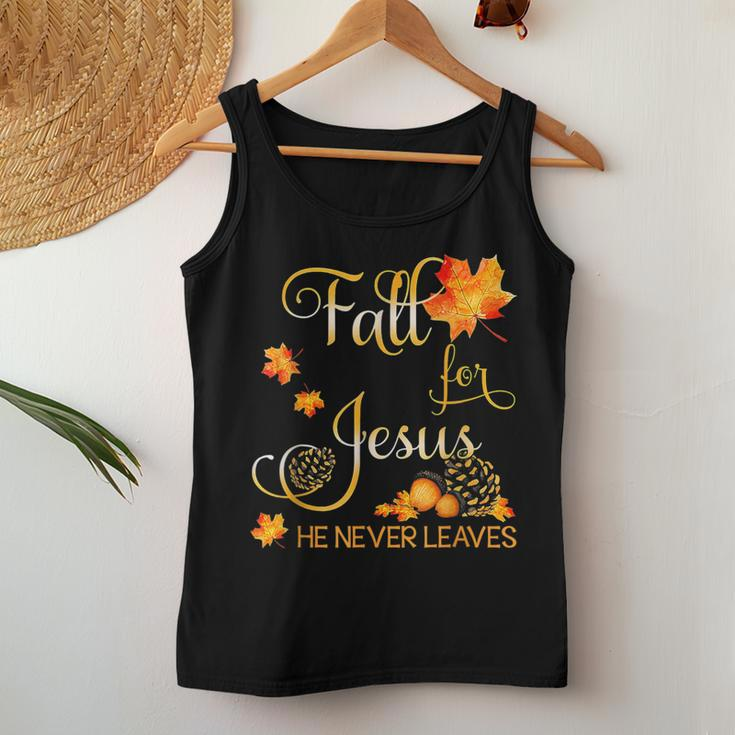 Fall For Jesus He Never Leaves Autumn Christian Prayers Women Tank Top Personalized Gifts