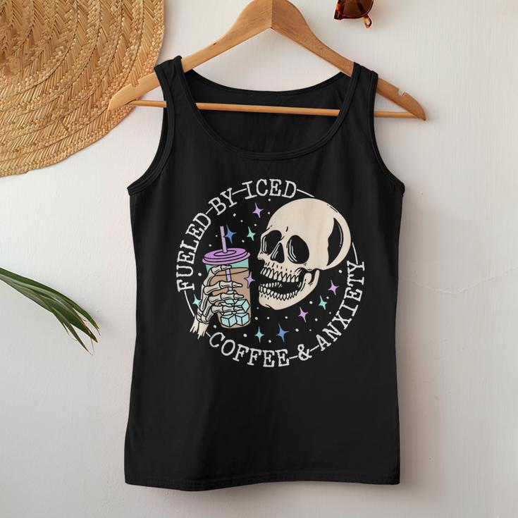 Fueled By Iced Coffee And Anxiety Skull Coffee Lover Women Tank Top Funny Gifts