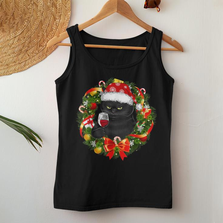 Black Cat And Wine Christmas Wreath Ornament Women Tank Top Unique Gifts