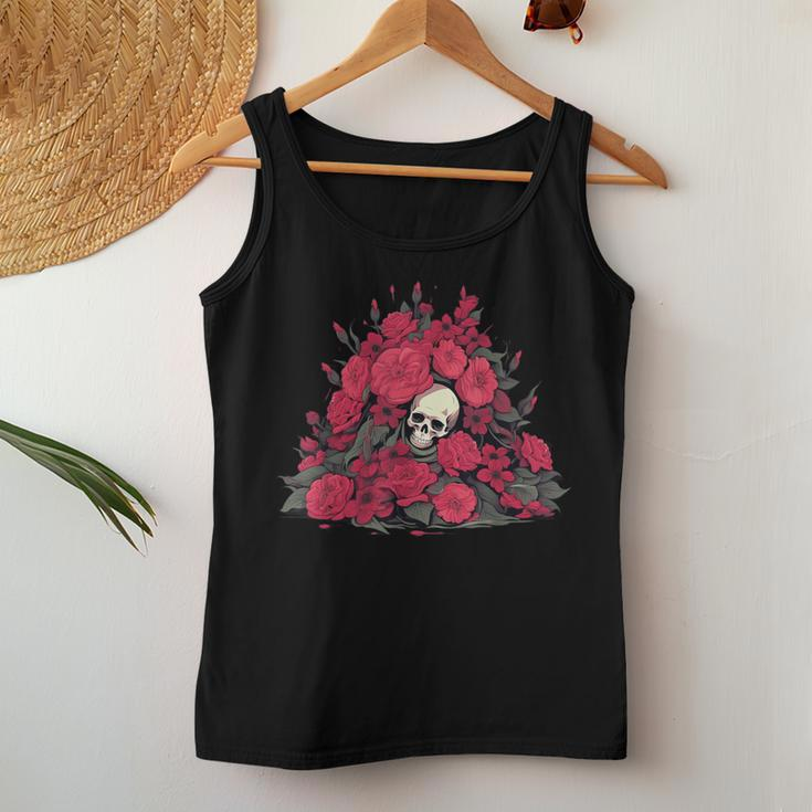 Grave With Skeleton Face And Red Roses And Plants Women Tank Top Unique Gifts