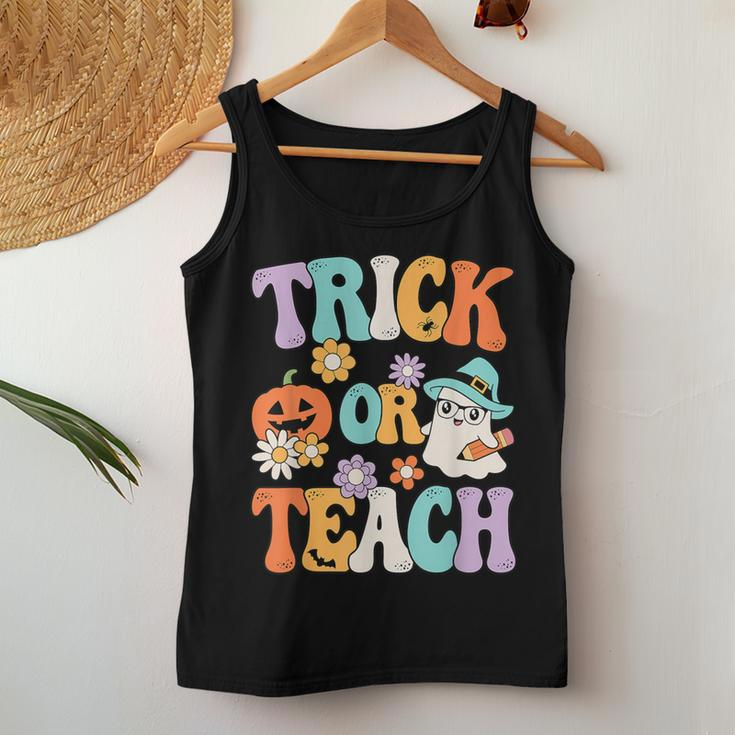 Groovy Halloween Trick Or Teach Retro Pumpkin Ghost Teacher Women Tank Top Unique Gifts