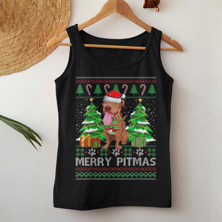 Merry Pitmas Santa Pitbull Dog Xmas Ugly Christmas Sweater Women Tank Top Unique Gifts