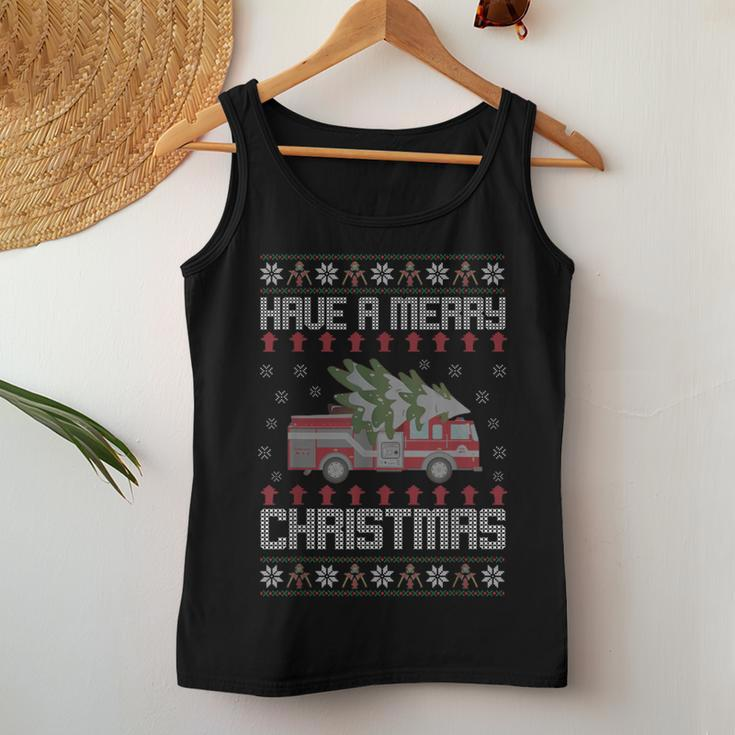 Merry Xmas Ugly Christmas Sweater Fireman Firefighter Women Tank Top Funny Gifts
