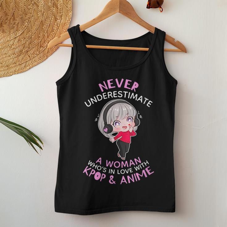 Never Underestimate A Woman In Love With Kpop And Anime Gift For Womens Women Tank Top Basic Casual Daily Weekend Graphic Funny Gifts
