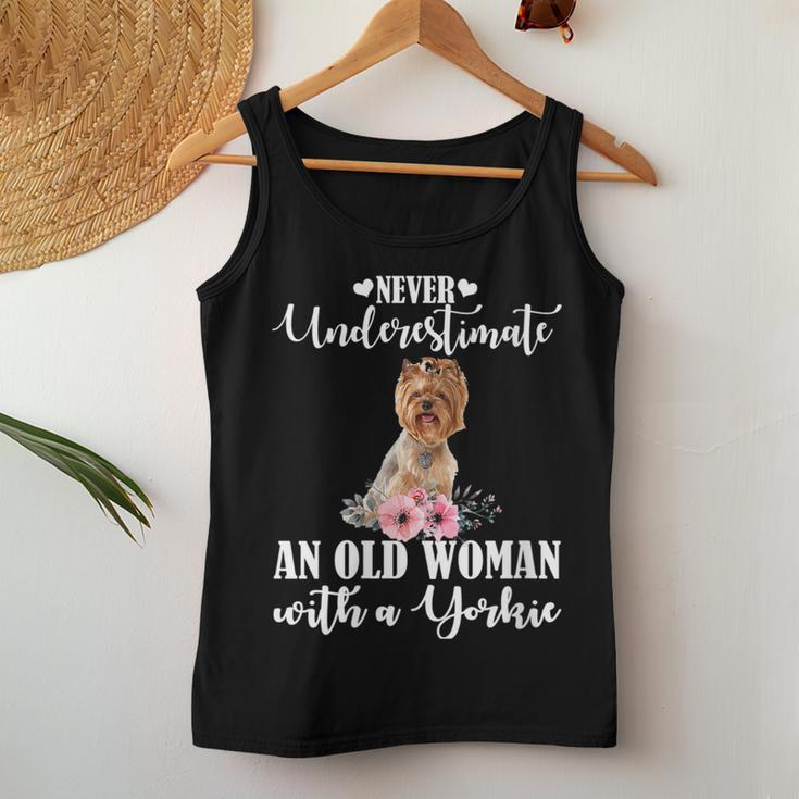 Never Underestimate An Old Woman With Yorkie Gift For Womens Women Tank Top Basic Casual Daily Weekend Graphic Funny Gifts