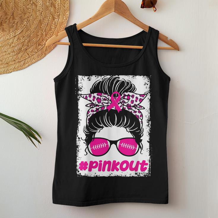 Pink Out Ou Breast Cancer Football Messy Bun Cheer Bleached Women Tank Top Funny Gifts