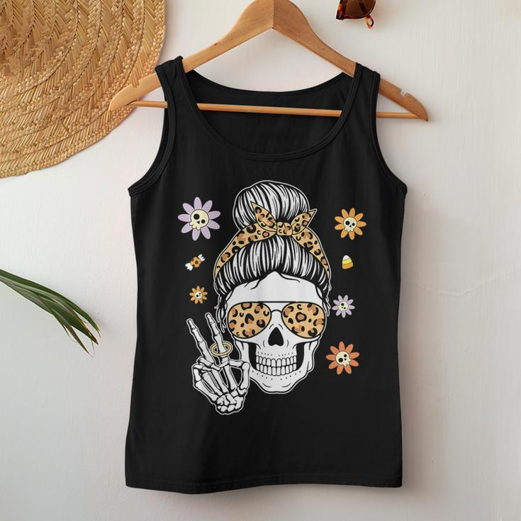 Skull Mom Messy Hair Bun Momster Halloween Costume Women Tank Top Personalized Gifts