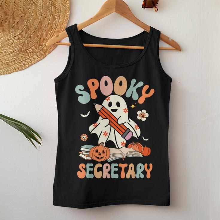 Spooky School Secretary Groovy Halloween Floral Ghost Women Tank Top Unique Gifts