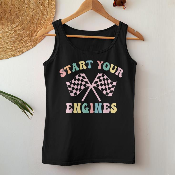 Start Your Engines Groovy Checkered Flag Retro Racing Cheer Women Tank Top Funny Gifts