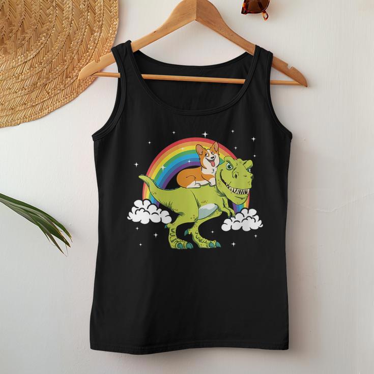 T-Rex Tyrannosaurus T Rex Dinosaur Riding Corgi Dog Women Tank Top | Mazezy