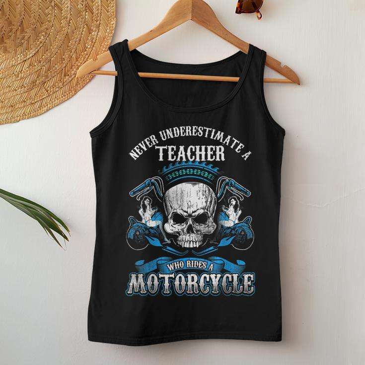 Teacher Biker Never Underestimate Motorcycle Skull Women Tank Top Funny Gifts