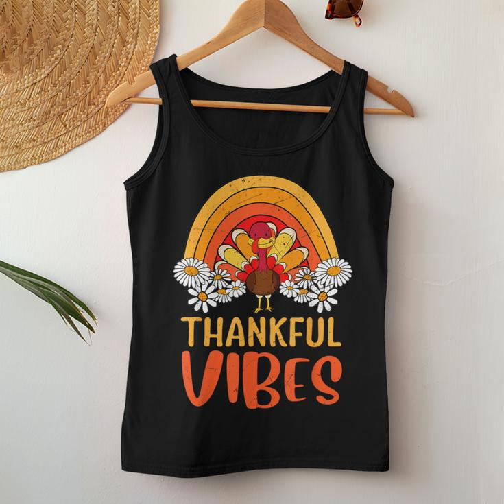 Thankful Vibes Turkey Retro Groovy Thanksgiving Rainbow Women Tank Top Personalized Gifts