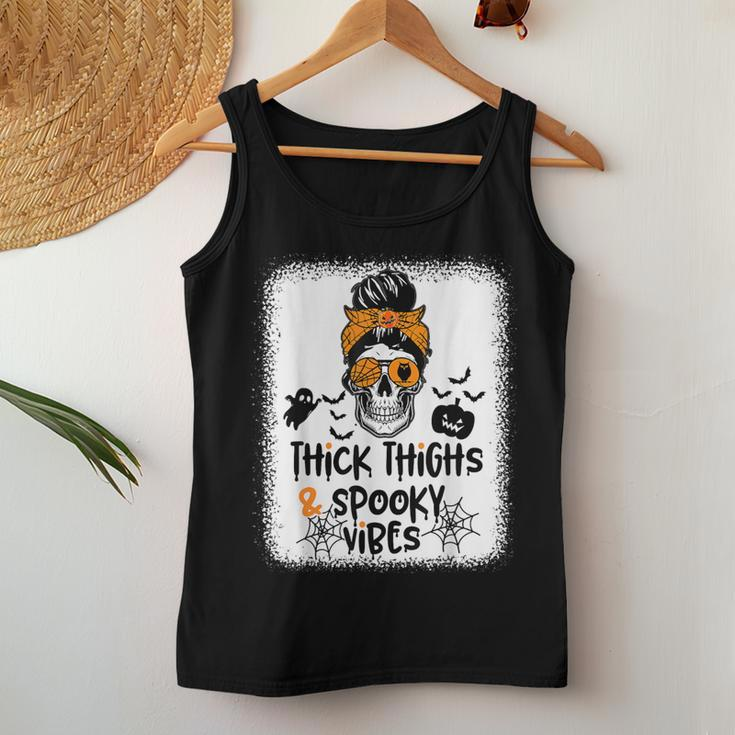 Thick Thighs And Spooky Vibes Messy Bun Girl Halloween Women Tank Top Unique Gifts