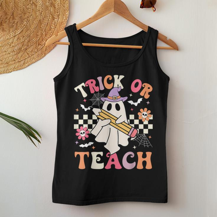 Trick Or Teach Groovy Teacher Halloween Retro Floral Ghost Women Tank Top Funny Gifts