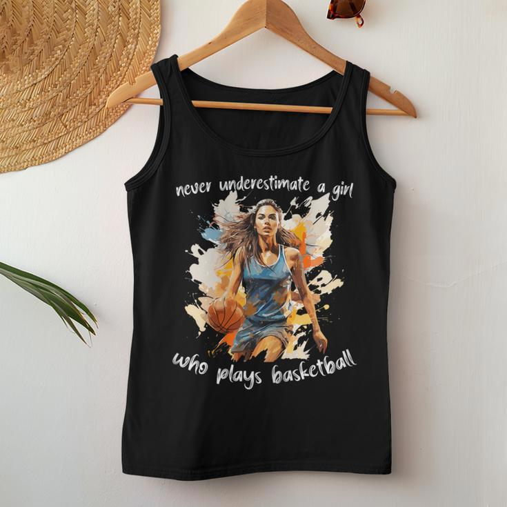 Never Underestimate A Girl Who Plays Basketball Watercolor Women Tank Top Unique Gifts