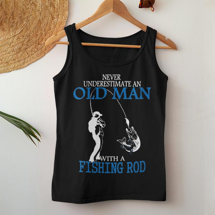 Never Underestimate An Old Man Fishing Rod Retired Fisherman Women Tank Top Personalized Gifts