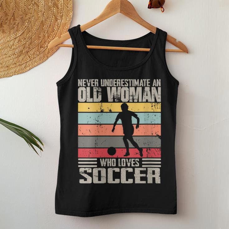 Vintage Never Underestimate An Old Woman Who Loves Soccer Women Tank Top Funny Gifts