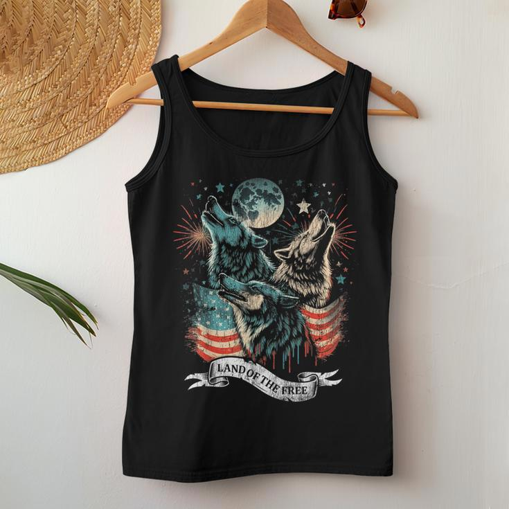 Wolf 4Th Of July American Flag Howling America Moon Funny Women Tank Top Basic Casual Daily Weekend Graphic Personalized Gifts