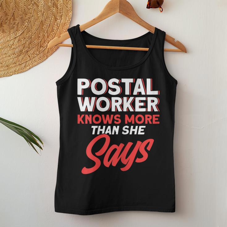 Womens Postal Worker Knows More Than She Says Mailman Postman Women Tank Top Basic Casual Daily Weekend Graphic Personalized Gifts