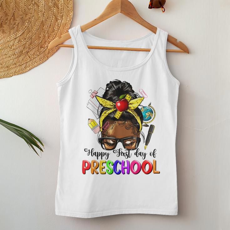 Happy First Day Of Preschool Afro Teacher Pre-K Messy Bun Women Tank Top Unique Gifts