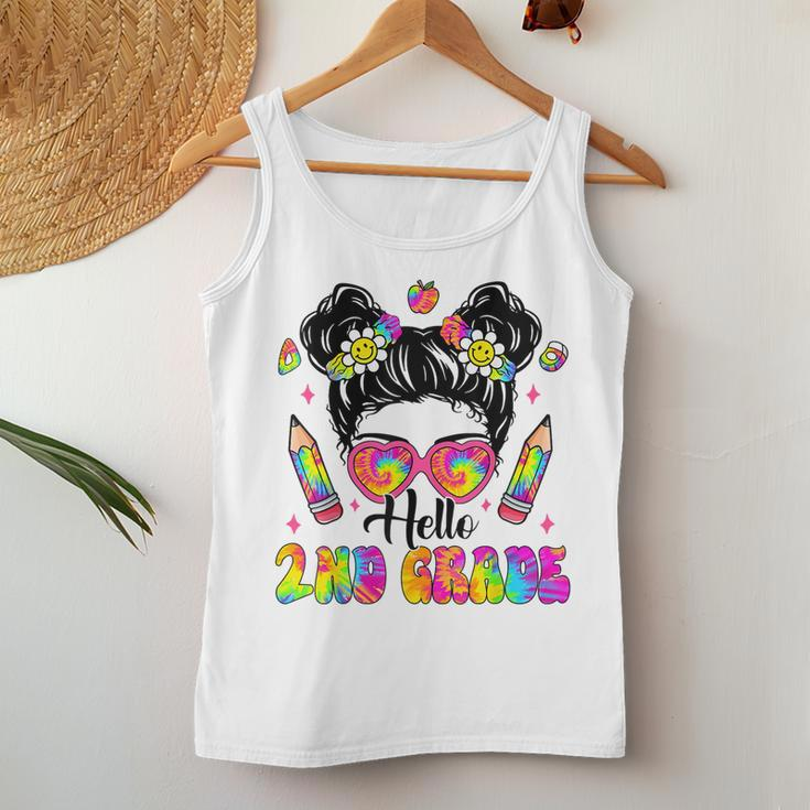 Hello 2Nd Grade Second Tie Dye Messy Bun Girl Back To School Women Tank Top Weekend Graphic Funny Gifts