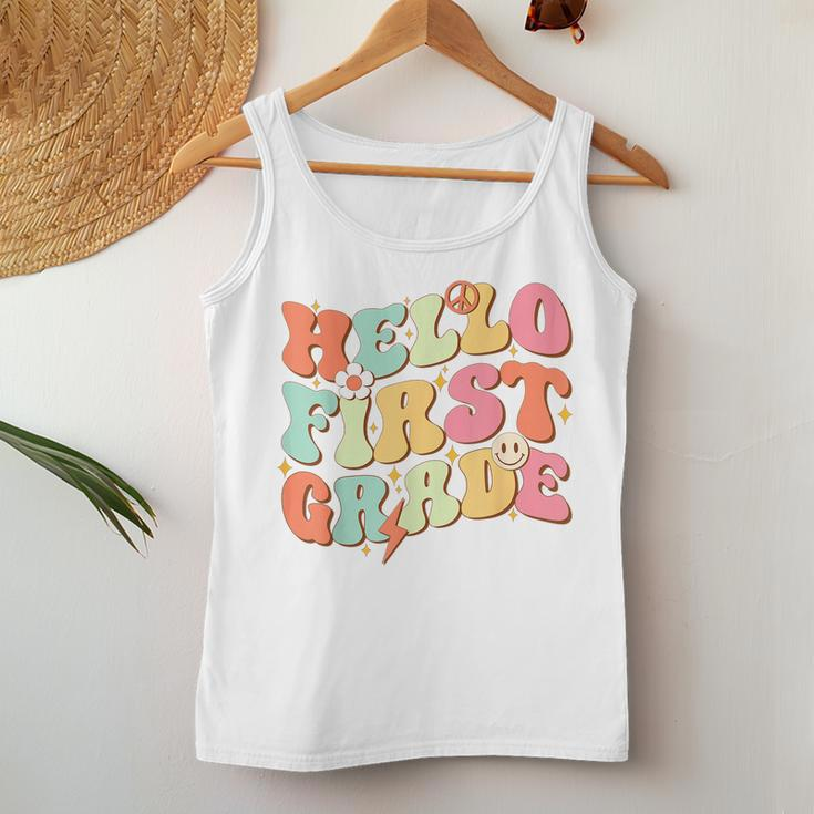 Hello First Grade Retro Groovy Team 1St Grade Back To School Women Tank Top Weekend Graphic Funny Gifts