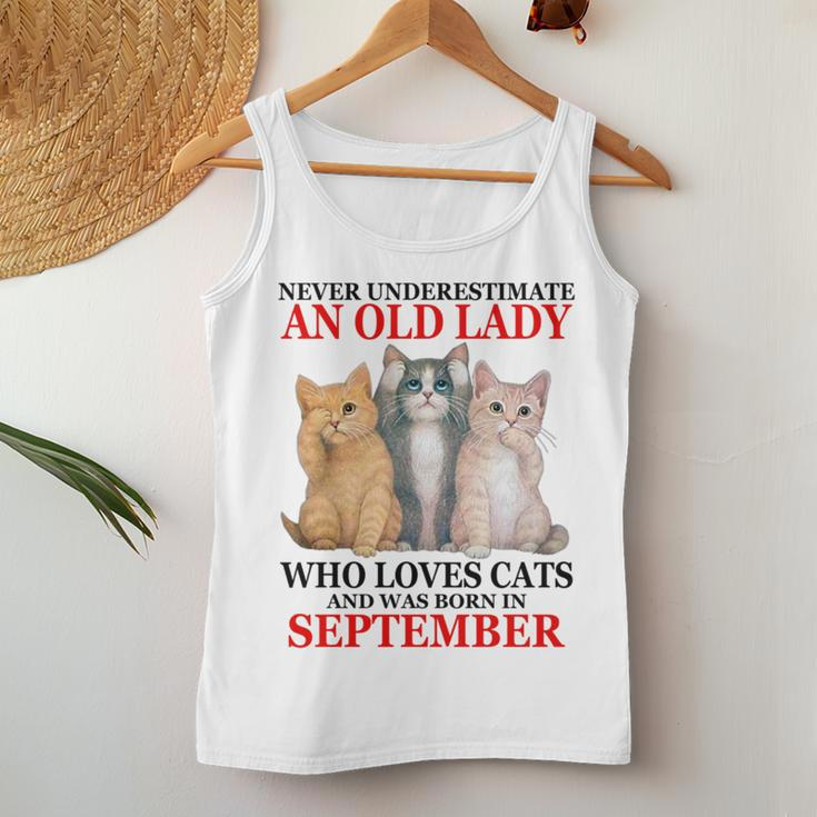 Never Underestimate An Old Lady Who Loves Cats September Women Tank Top Basic Casual Daily Weekend Graphic Funny Gifts