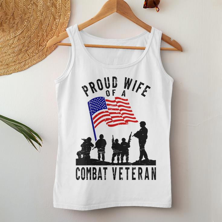 Proud Wife Of A Combat Veteran Retro Us Flag Military Family Women Tank Top Unique Gifts