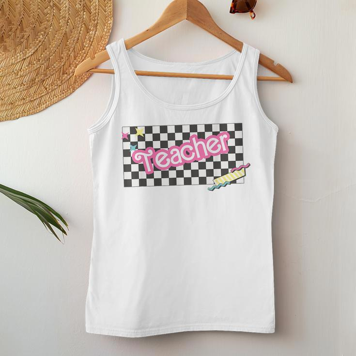 Retro Checkered Pink 90S Teacher Student First Day Of School Women Tank Top Funny Gifts