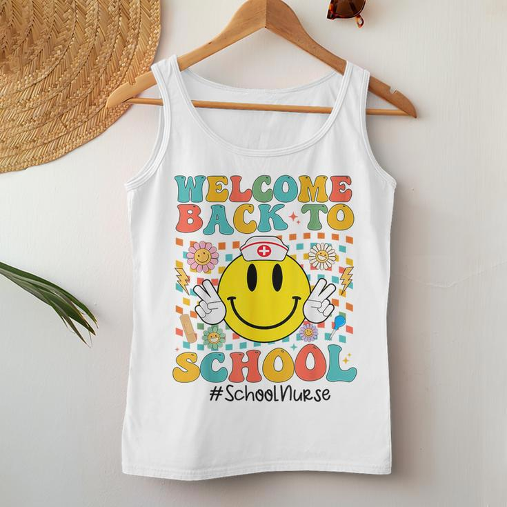 Retro Groovy Welcome Back To School Shool Nurse Smile Face Women Tank Top Weekend Graphic Funny Gifts