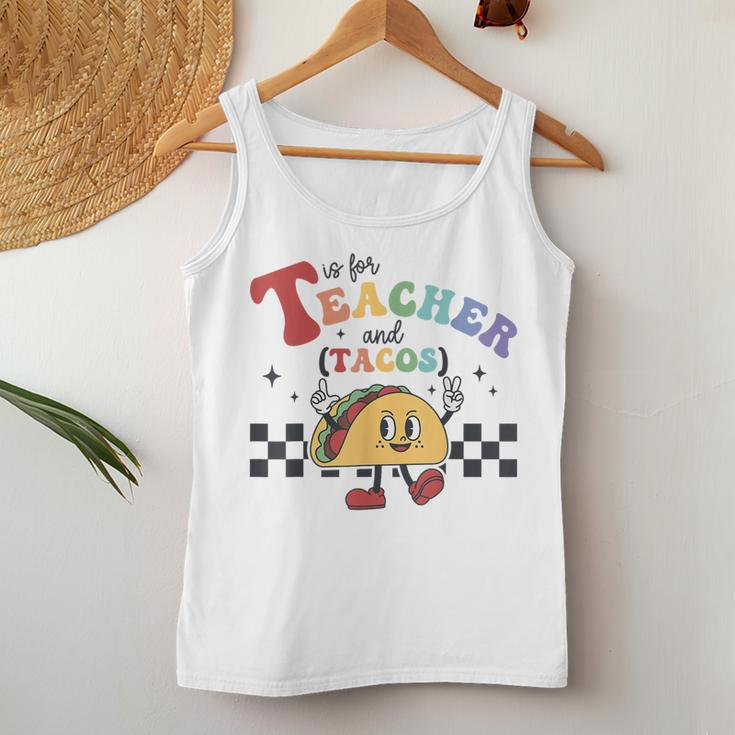 T Is For Teacher And Tacos Funny Back To School Teaching Women Tank Top Weekend Graphic Personalized Gifts
