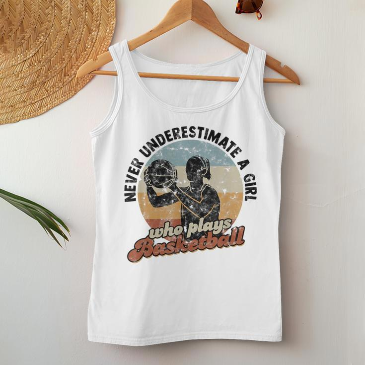 Never Underestimate A Girl Who Plays Basketball Vintage Women Tank Top Unique Gifts
