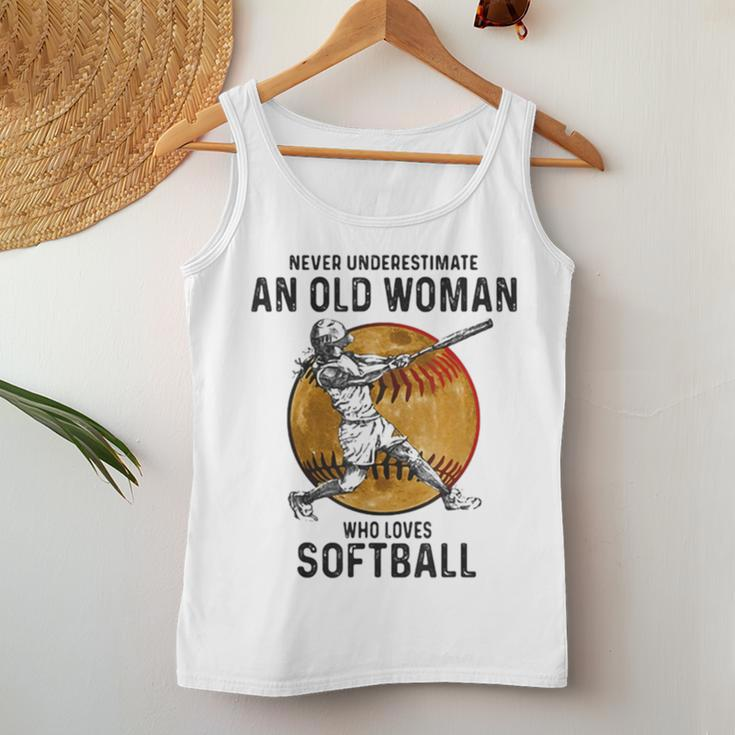 Never Underestimate An Old Woman Who Loves Softball Vintage Women Tank Top Funny Gifts